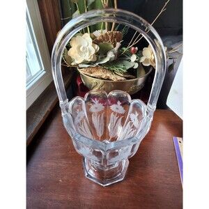 Antique Heisey Crystal Basket | 13" tall Heavy glass floral etching |